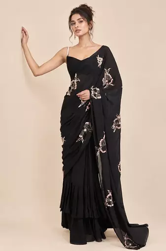 Black crepe embroidered saree set