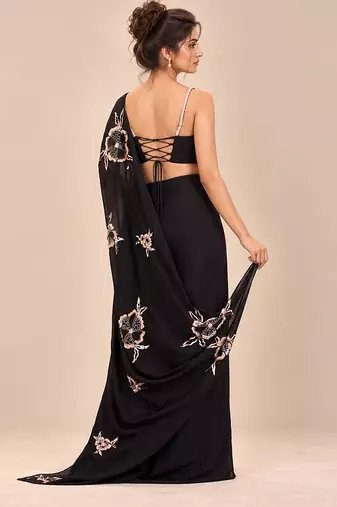 Black crepe embroidered saree set