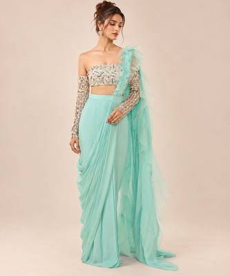 Mint blue ruffle saree with embroidered blouse 1