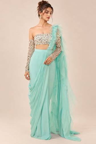 Mint blue ruffle saree with embroidered blouse