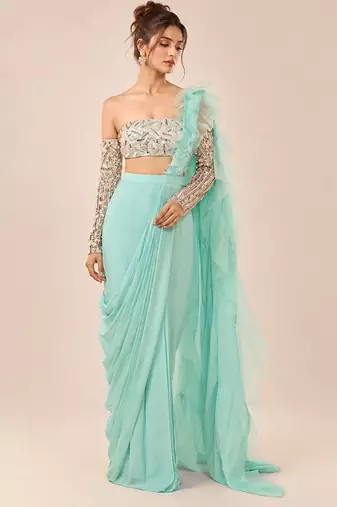 Mint blue ruffle saree with embroidered blouse