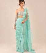 Mint blue ruffle saree with embroidered blouse