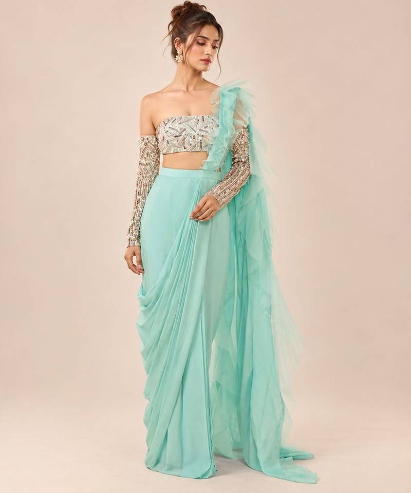 Mint blue ruffle saree with embroidered blouse