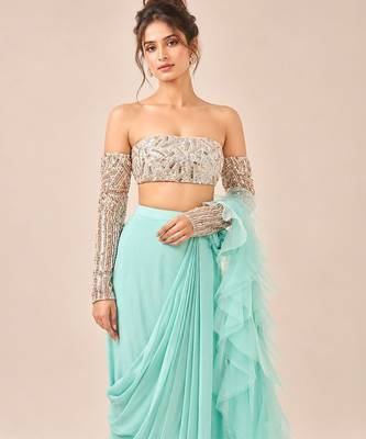 Mint blue ruffle saree with embroidered blouse 2