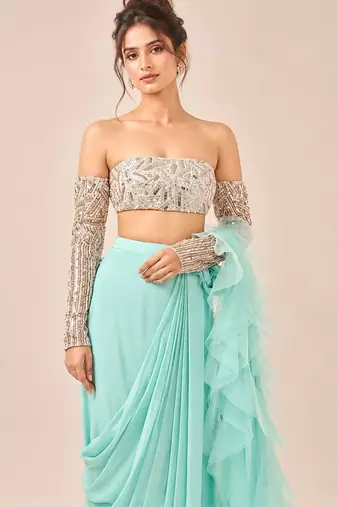 Mint blue ruffle saree with embroidered blouse
