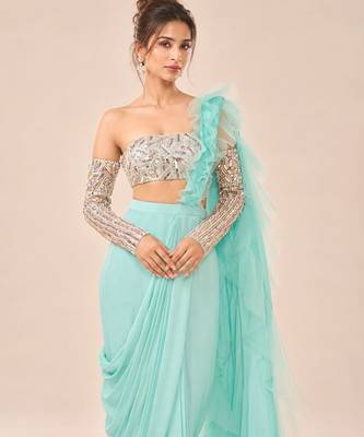 Mint blue ruffle saree with embroidered blouse 3