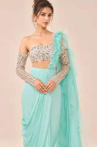 Mint blue ruffle saree with embroidered blouse
