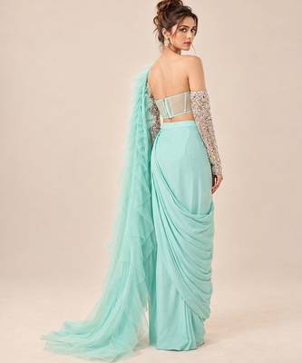 Mint blue ruffle saree with embroidered blouse 4
