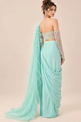 Mint blue ruffle saree with embroidered blouse
