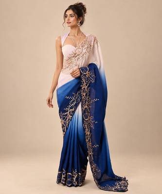 Lilac and navy blue ombre embroidered saree with roughed blouse 1