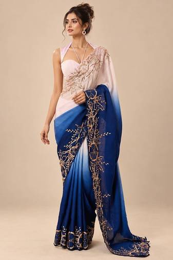 Lilac and navy blue ombre embroidered saree with roughed blouse