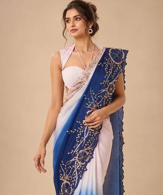 Lilac and navy blue ombre embroidered saree with roughed blouse 2