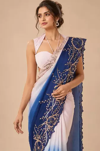 Lilac and navy blue ombre embroidered saree with roughed blouse