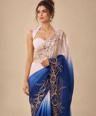 Lilac and navy blue ombre embroidered saree with roughed blouse 3