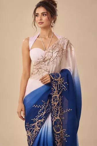 Lilac and navy blue ombre embroidered saree with roughed blouse