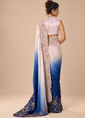 Lilac and navy blue ombre embroidered saree with roughed blouse 4