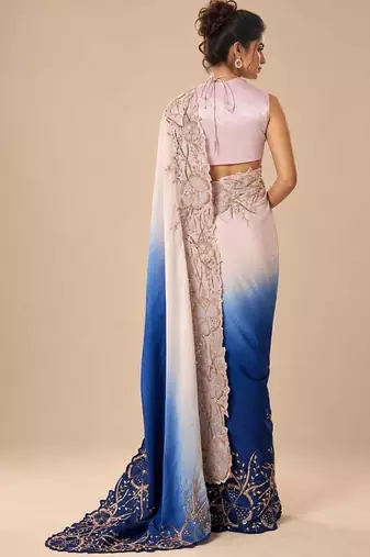 Lilac and navy blue ombre embroidered saree with roughed blouse