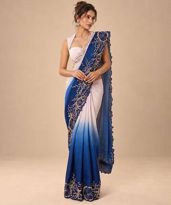 Lilac and navy blue ombre embroidered saree with roughed blouse 5