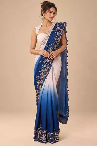 Lilac and navy blue ombre embroidered saree with roughed blouse