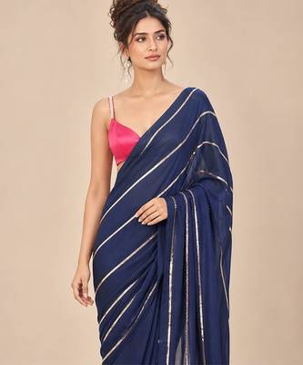 Navy blue embroidered saree with hot pink blouse 2