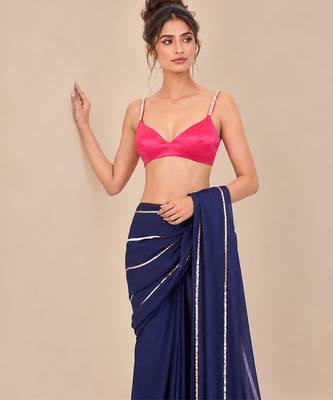 Navy blue embroidered saree with hot pink blouse 4