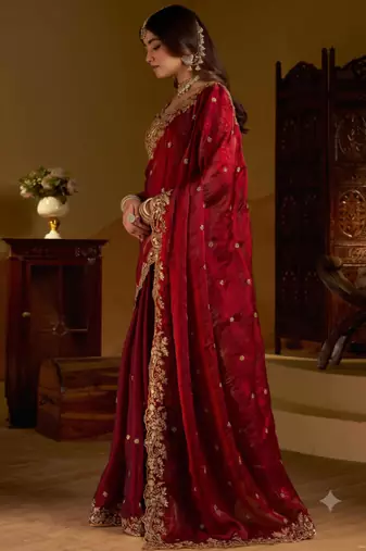Wine Satin Silk Saree with Heavy Embroidery Blouse