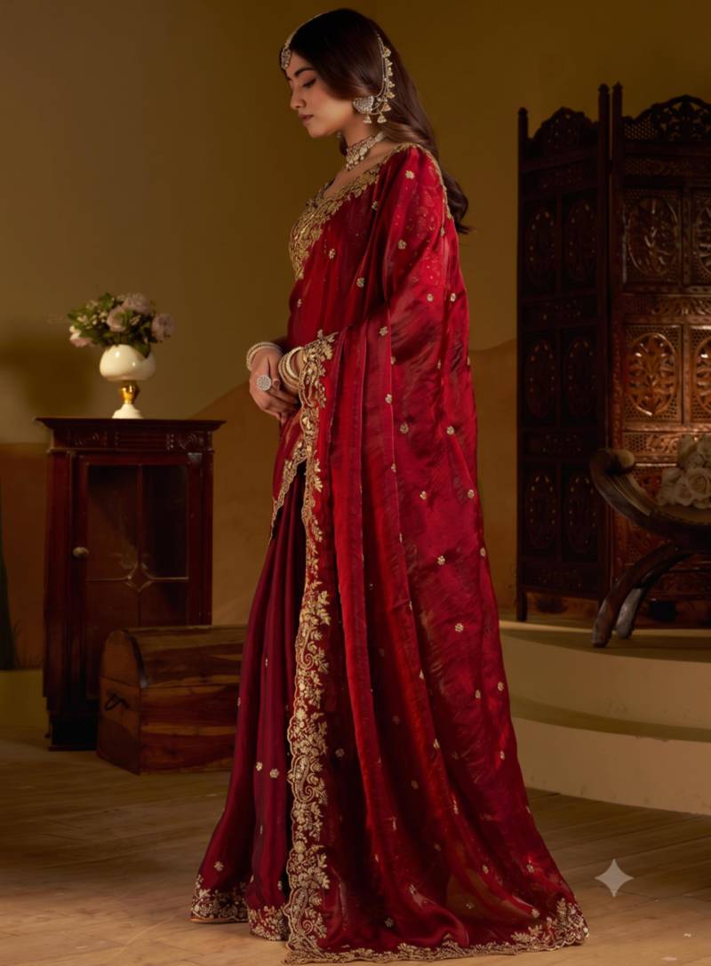 Wine Satin Silk Saree with Heavy Embroidery Blouse