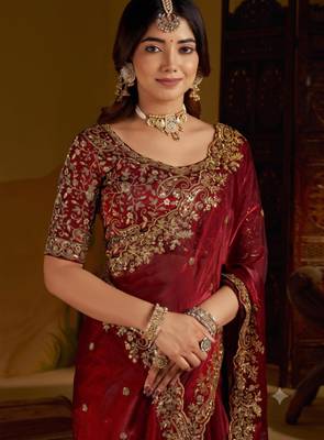 Wine Satin Silk Saree with Heavy Embroidery Blouse 5