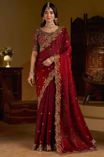 Wine Satin Silk Saree with Heavy Embroidery Blouse