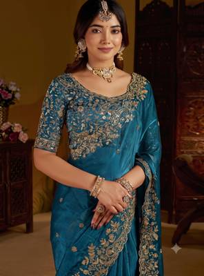Rama colour satin silk saree with heavy embroidery work blouse 4