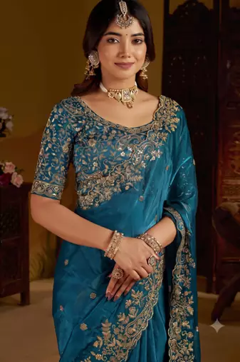 Rama colour satin silk saree with heavy embroidery work blouse