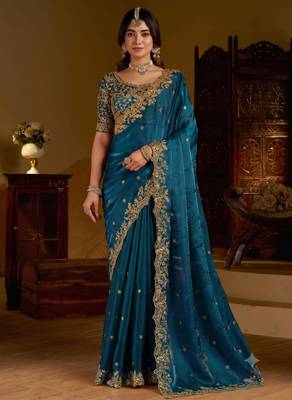 Rama colour satin silk saree with heavy embroidery work blouse 1