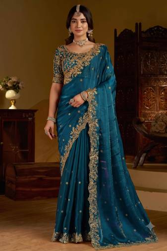 Rama colour satin silk saree with heavy embroidery work blouse