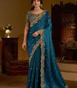 Rama colour satin silk saree with heavy embroidery work blouse