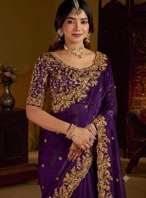 Violet colour satin silk saree with heavy embroidery work blouse 3
