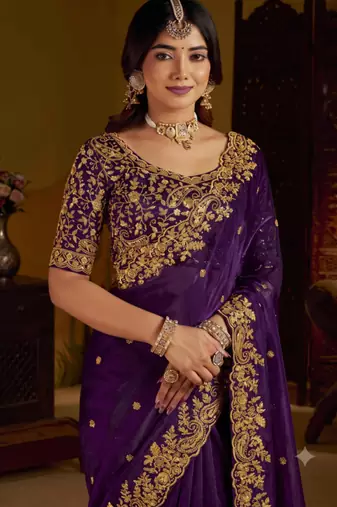Violet colour satin silk saree with heavy embroidery work blouse