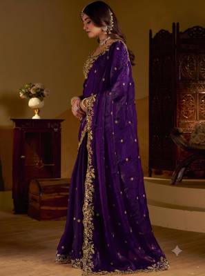 Violet colour satin silk saree with heavy embroidery work blouse 4