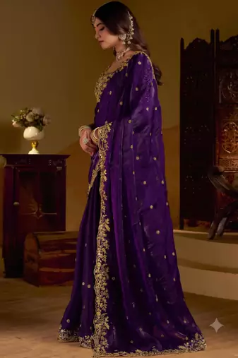 Violet colour satin silk saree with heavy embroidery work blouse