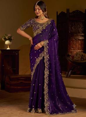 Violet colour satin silk saree with heavy embroidery work blouse 1