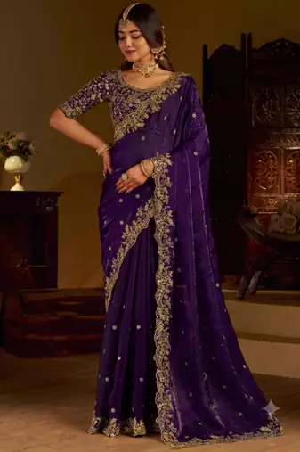Violet colour satin silk saree with heavy embroidery work blouse