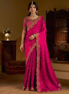 Rani colour satin silk saree with heavy embroidery work blouse 1