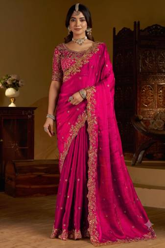 Rani colour satin silk saree with heavy embroidery work blouse