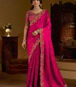 Rani colour satin silk saree with heavy embroidery work blouse