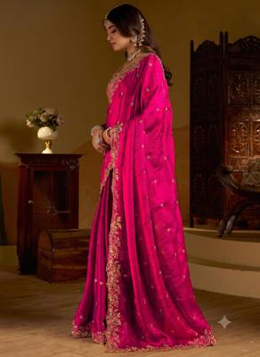 Rani colour satin silk saree with heavy embroidery work blouse 4