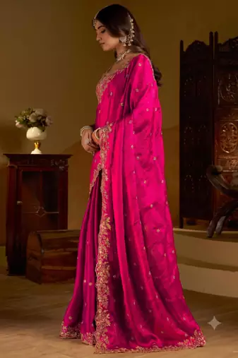 Rani colour satin silk saree with heavy embroidery work blouse