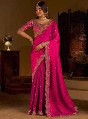 Rani colour satin silk saree with heavy embroidery work blouse 5