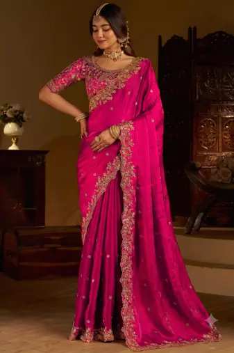 Rani colour satin silk saree with heavy embroidery work blouse