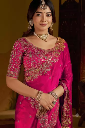 Rani colour satin silk saree with heavy embroidery work blouse