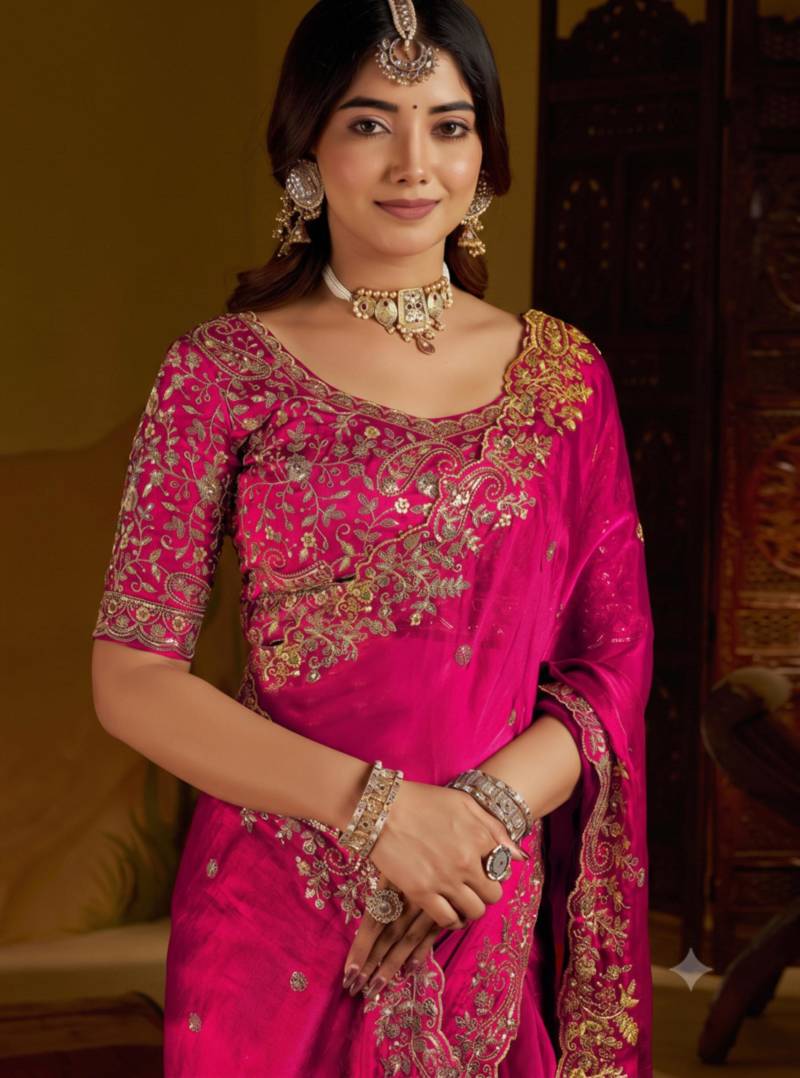 Rani colour satin silk saree with heavy embroidery work blouse