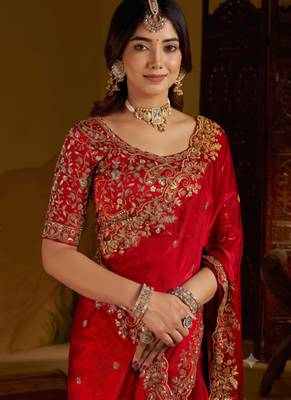 Red colour satin silk saree with heavy embroidery work blouse 3